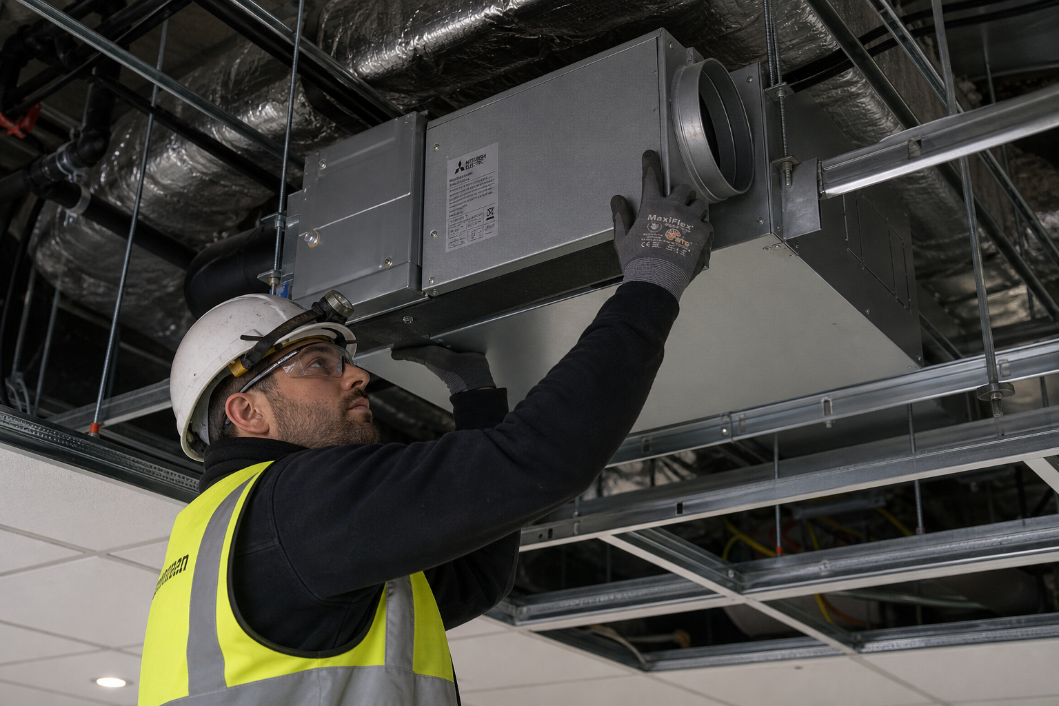 Ticari bir binanın tavan boşluğuna HVAC ünitesi kuran bir teknisyen